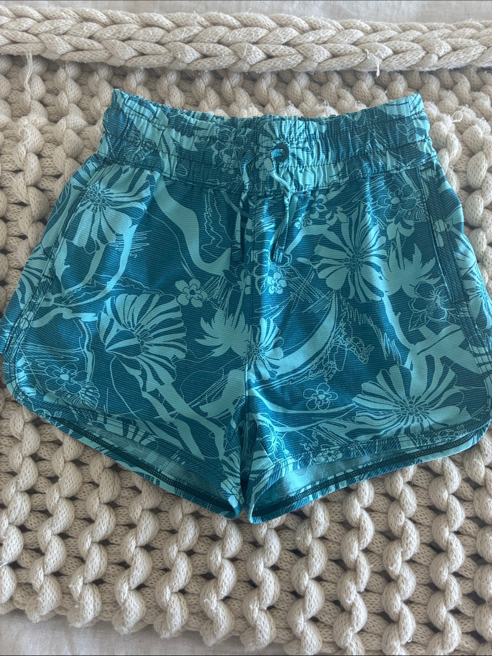 Athleta Teal Floral Girls' Drawstring Athletic Shorts